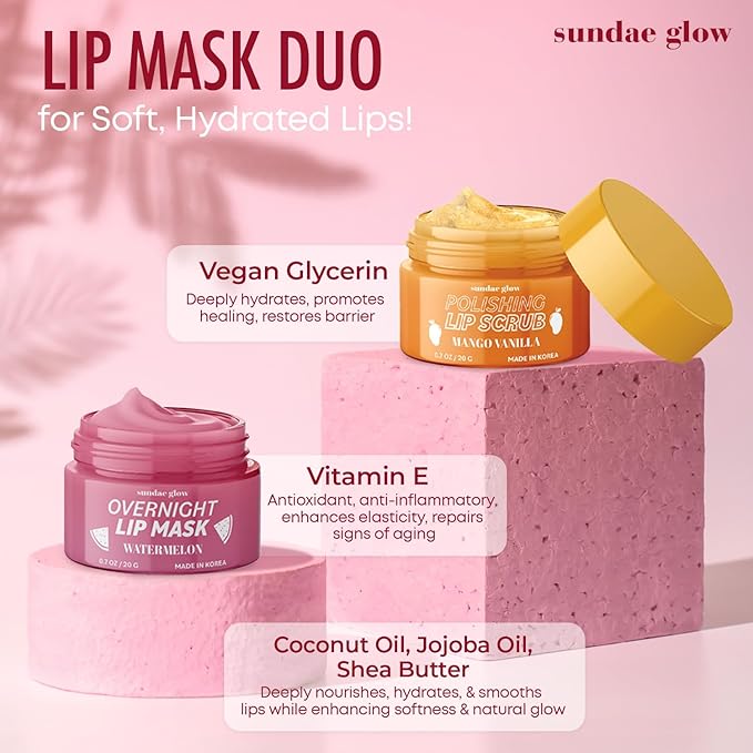 Mango, Vanilla & Watermelon Duo Lip Mask & Scrub - Dermatologist Tested, Anti-Aging, Korean Skin Care, Deep Hydration - Smooth, Soft & Plump Lips - Clean Beauty, Vegan, Non-GMO - 1 Pack-Velvo Beauty