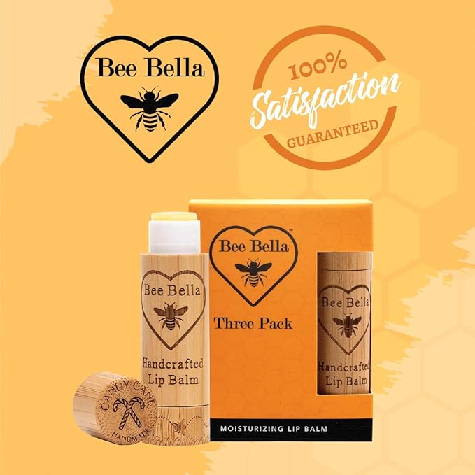 Bee Bella Lip Balm, Candy Cane, 3 Pack - Hydrating, Moisturizing Lip Care, 100% Natural, Original Organic Beeswax with Vitamin E, Handmade in USA-Velvo Beauty