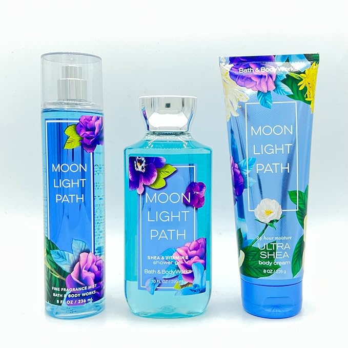 Bath & Body Works Moonlight Path Body Set - Shower Gel 10 Fl Oz, Fine Fragrance Mist 8 Fl Oz & Body Cream 8 Fl Oz-Velvo Beauty