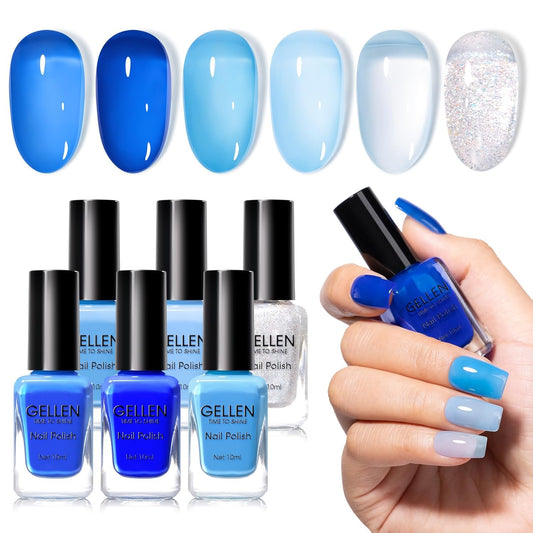 Gellen Blue Jelly Nail Polish, Sheer Nail Polish Quick Dry Summer 6 Colors Blue Glitter Set, Natural Traditional Regular Nails Polish for Acrylic Natural Nails Home Salon, No Gel, Hema Free, Non-toxic-Velvo Beauty