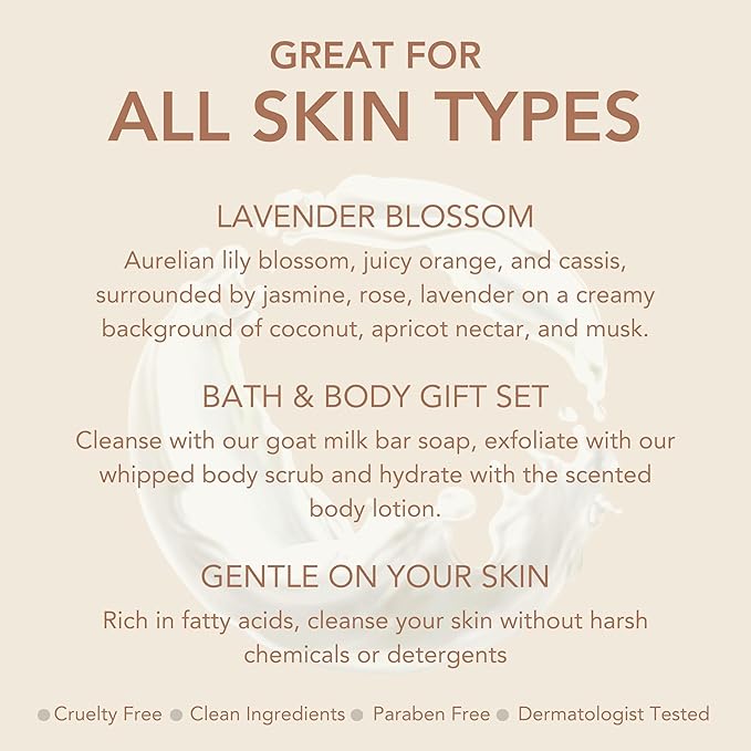Dionis Goat Milk Skincare Lavender Blossom 3 Piece Self Care Essentials Gift Set - Bar Soap, Hand & Body Cream & Whipped Chamomile Sugar Body Scrub In Recyclable Box - Exfoliate & Moisturize Dry Skin-Velvo Beauty