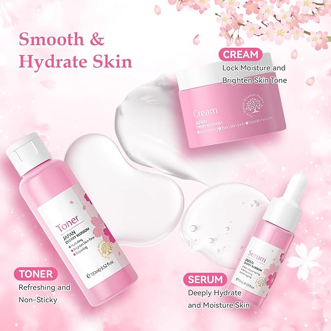 Skin Care Set, Cherry Blossom Skin Care Sets & Kits, Skin Care for Teenage Girls Gift Set with Cleanser, Toner, Serum, Eye Cream, Facial Cream, Facial Skin Care Sets & Kits for Teenage Girls Women-Velvo Beauty