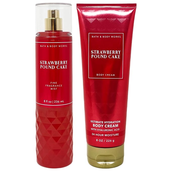 Bath and Body Works - Strawberry Pound Cake - Gift Set - Fine Fragrance Mist & Body Cream – 2021-Velvo Beauty