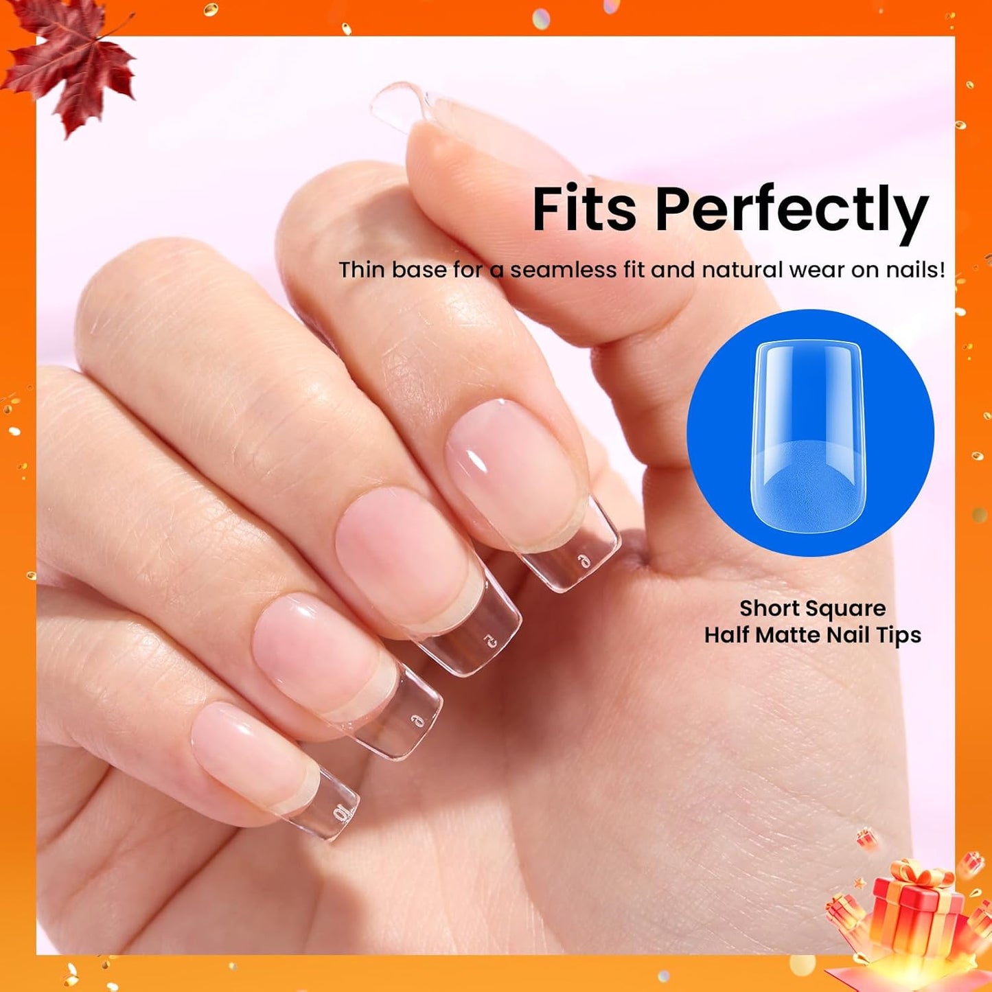 Beetles Short Square Gel Nail Tips 12 Sizes 288 PCS Half Matte Full Cover False Nails Clear Acrylic Nails Glue on Nails for Girls Women DIY Nail Extension-Velvo Beauty