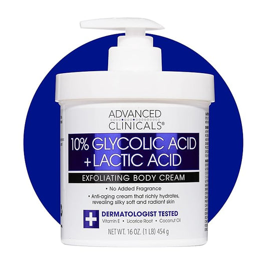 Advanced Clinicals 10% Glycolic Acid + Lactic Acid Lotion Exfoliant Moisturizing Cream With Hyaluronic Acid Moisturizer | AHA Exfoliating Body Cream Improves Look Of Uneven Rough Skin Texture, 16 Oz-Velvo Beauty