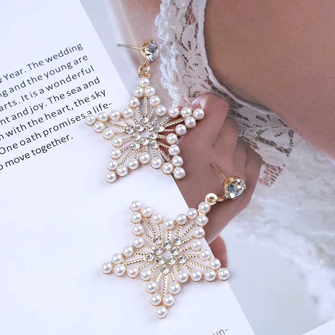 Vintage Pearl Star Drop Earrings Crystal Star Dangle Earrings Gold Rhinestone Stud Earrings Bohemian Large Star Statement Earrings Jewelry for Women and Girls Gifts-Velvo Beauty