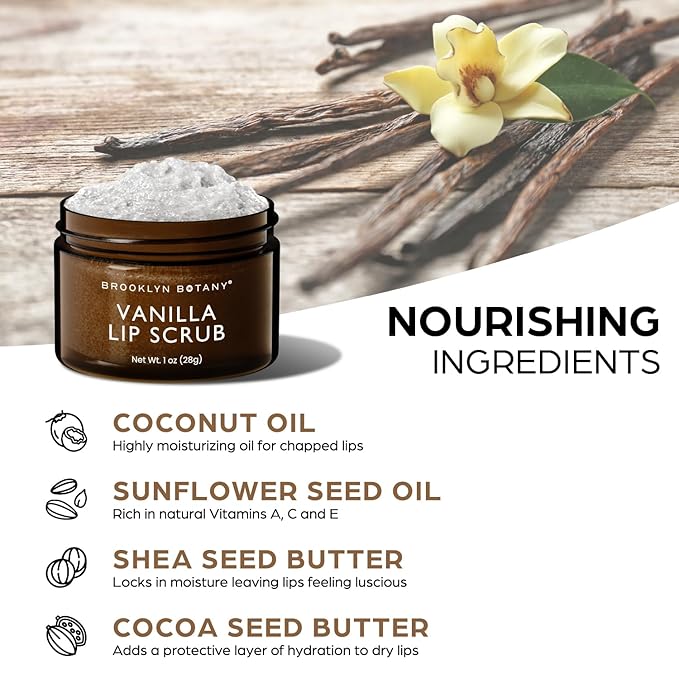 Brooklyn Botany Lip Scrub Exfoliator 1 oz – Lip Moisturizer for Dry Lips and Chapped Lips – Gentle Lip Exfoliator for Smooth and Brighter Lips – Vanilla Flavor-Velvo Beauty