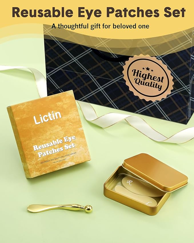 Lictin Reusable Eye Patches, Silicone Under Eye Patches with Lifting Effect to Relieve Wrinkles and Fine Lines, Pair with Metal Eye Cream Applicator,Tin Case-Velvo Beauty