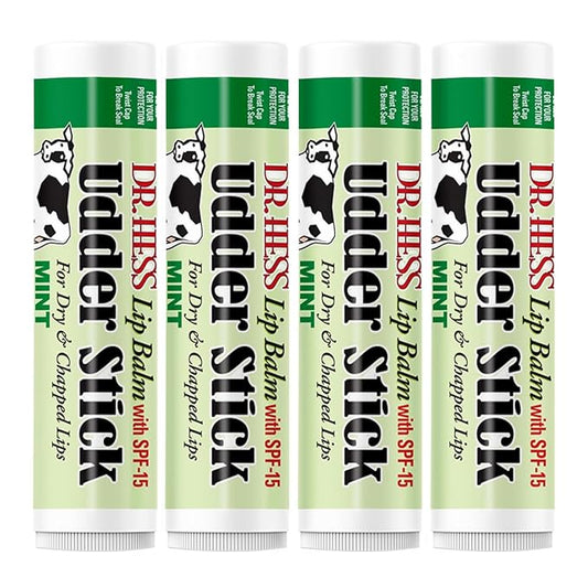 Original Udder Stick SPF Lip Balm, Soothing Moisturizer Sun Screen Balm for Dry Lips with Jojoba, Beeswax & Shea Butter, Total Lip Care, Hydration & Repair, Mint Flavor, 4 Pack-Velvo Beauty