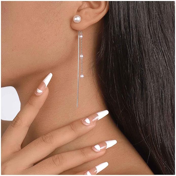 Vintage Pearl Dangle Earrings Long Pearl Chain Earrings Silver Pearl Tassel Drop Earrings Tiny Pearl Bridal Earrings Jewelry for Women-Velvo Beauty