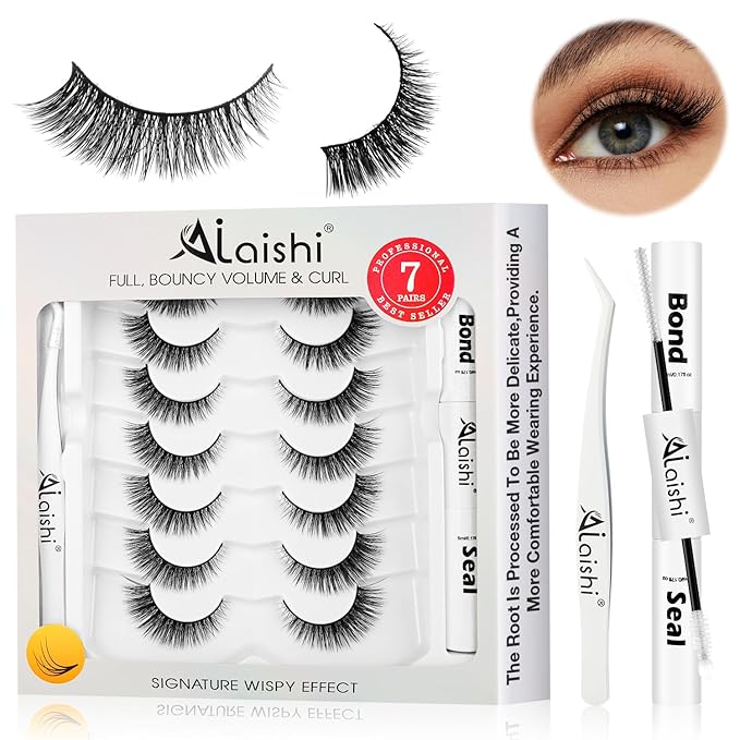 Wispy False Eyelashes Kit With Bond, Seal and Tweezer, 7 Pairs Natural Look Fake Cat Eye Lashes Strips Thin Band Extensions Waterproof Easy Eyelashes for Beginners RQ45-Velvo Beauty