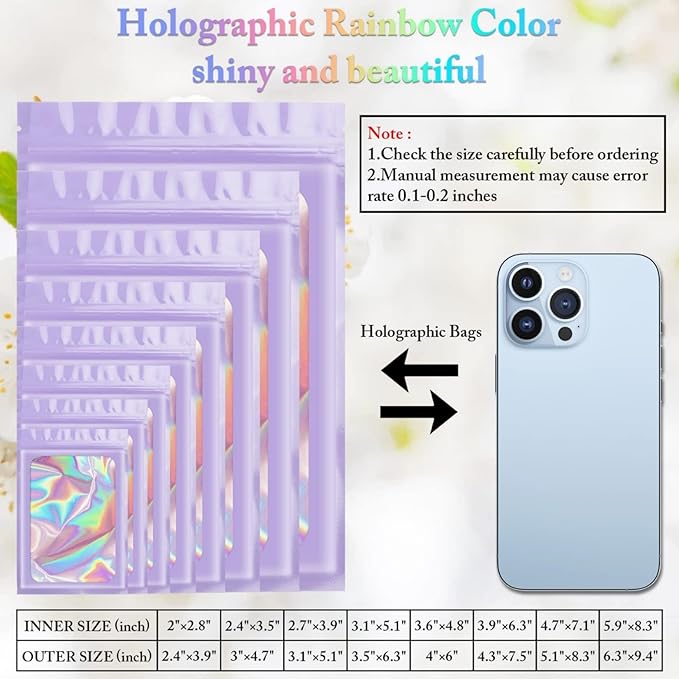 100 Pack Holographic Bags, Packaging Bags, Clear Window Resealable Odor Foil Pouch Bag for Food Storage and Lipgloss, Jewelry Lash (Purple, 4 x 6 Inch)-Velvo Beauty