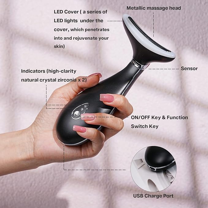 Lily Neck Face Massager, Face Sculpting Tool, Skin Rejuvenation Device with Thermal, Triple Action LED and Vibration, for Anti-Aging, Lifting and Tightening Sagging Skin (Frosted Black)-Velvo Beauty