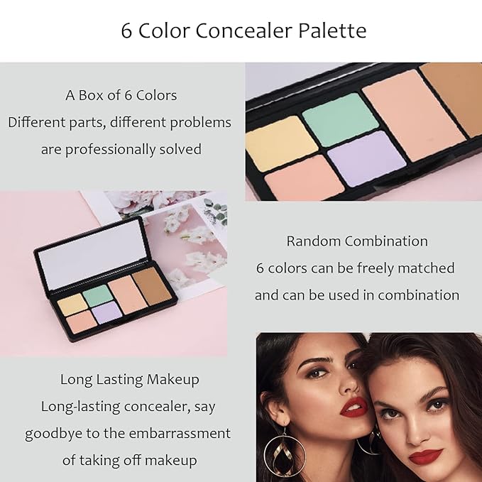 Concealer Contour Palette, 6 In 1 Color Correcting Concealer Contour Makeup Palette, Contouring Foundation Highlighting Makeup Kit for Dark Circles, Blemish With 2 Packs Brush (1#)-Velvo Beauty