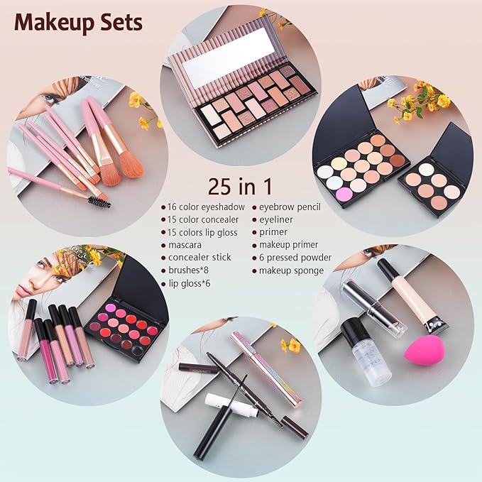 Makeup Kit For Women Full kit, Makeup Set For Teen Girls Eyeshadow Lip gloss Lipstick Make up Brushes Eyebrow Eyeliner Pen Liquid Concealer Foundation Primer Puff Eye shadow Shields Eye Brow Stencil-Velvo Beauty