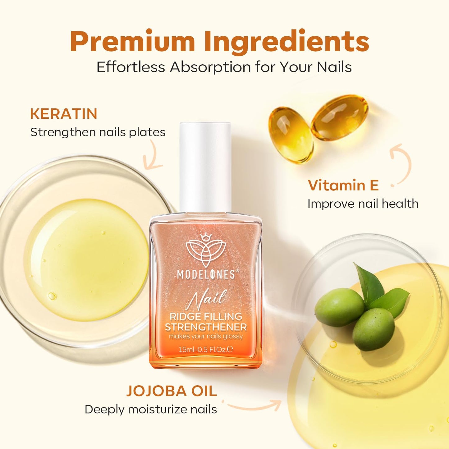 modelones Nail Strengthener, 8-in-One Nail Ridge Filler Base Coat Nail Polish Repair Nail Growth Treatment for Thin and Damaged Nails, Sparkling Champagne, 15ml-Velvo Beauty