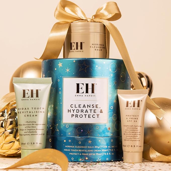 Emma Hardie Cleanse, Hydrate & Protect Gift Set: 30ml Moringa Cleansing Balm, 30ml Midas Touch Revitalising Cream & 15ml Protect & Prime SPF30 Sunscreen Face Moisturiser, Natural & Cruelty Free-Velvo Beauty