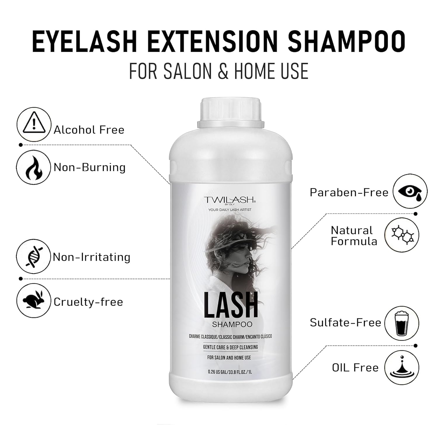 Lash Shampoo Bulk, Eyelash Cleanser for Extensions 1 Liters, Safe Makeup Remover, Non-irritating or Burning Formula Eyelid Foaming Cleanser for Professional Salon and Home Use (Classic Charm-1L)-Velvo Beauty