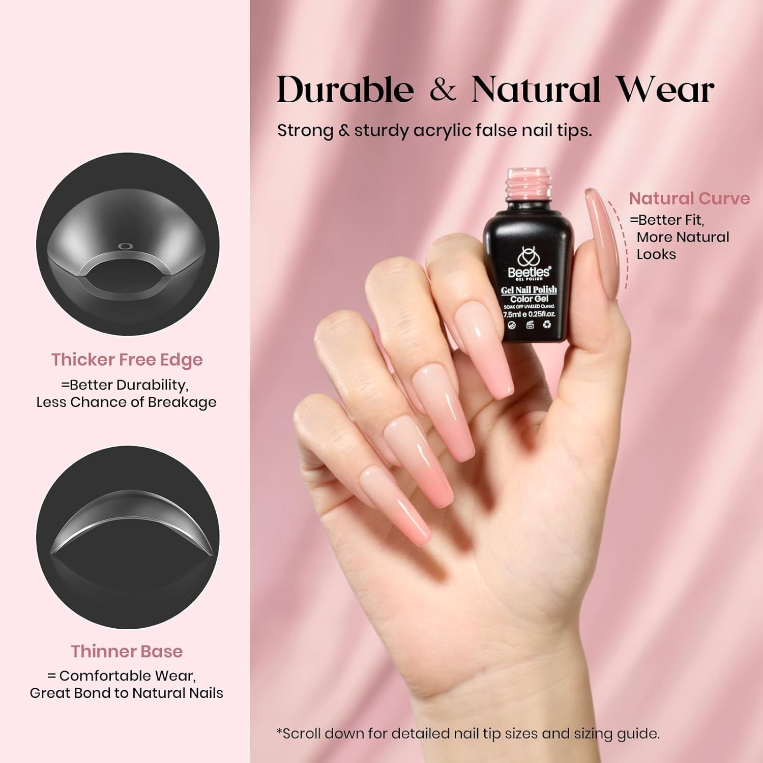 Beetles Gel Nail Kit 600Pcs Long Coffin Nail Tips with Pink Gel Polish Top Coat,15 Sizes Soft Clear Press on Nails 5 In 1 Nail Glue Uv Lamp Easy Nail Extension Set for Women-Velvo Beauty