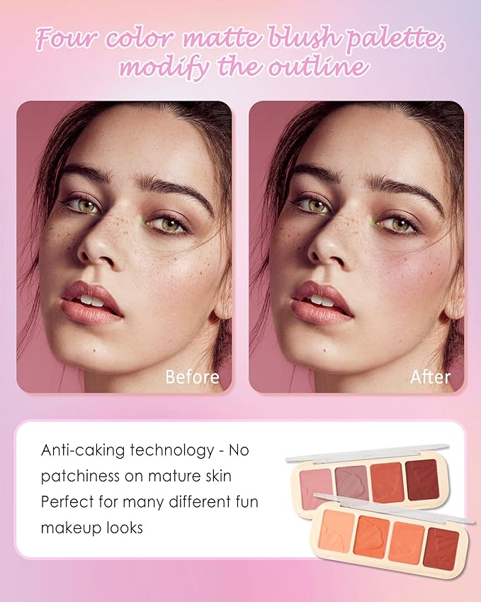 Matte Face Blush Palette Kit with Brush-4 Colors Pink Purple Orange Silky Mineral Blendable Blusher Contour Powder for Cheeks,Longlasting Professional Facial Beauty Makeup Gift for Women Girl-Set 01-Velvo Beauty