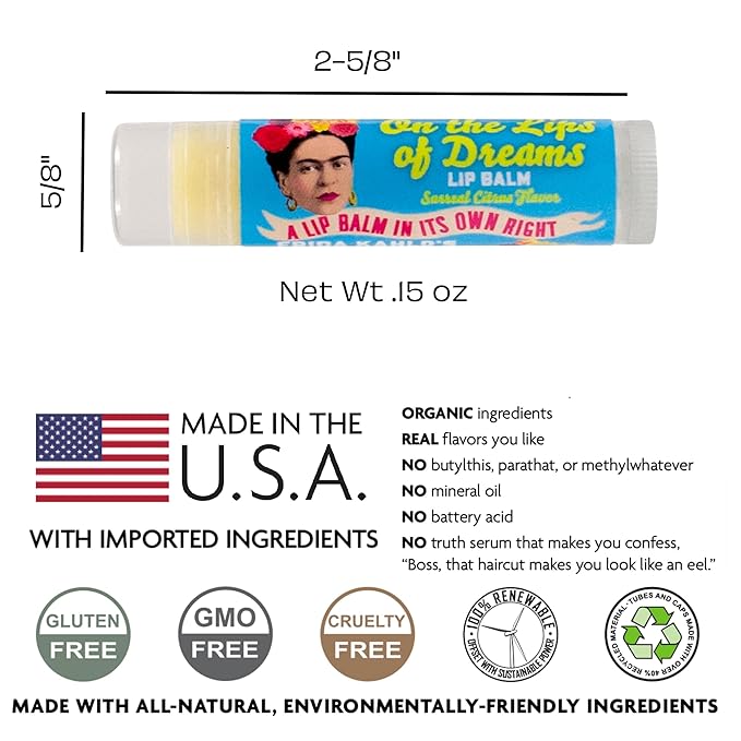 Frida Kahlo's On the Lips of Dreams Lip Balm Tube, Citrus Flavored - Cruelty-Free and Made in the USA from Natural and Imported Ingredients-Velvo Beauty