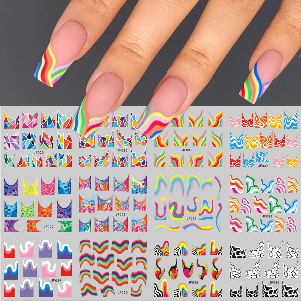 12 Sheets Colorful Stripes Nail Art Stickers Geometric Rainbow Wave Design Water Transfer Nail Decals for Nails Art Abstract French Pattern Acrylic Slider Nail Foils for Women Manicure Nail Decor-Velvo Beauty