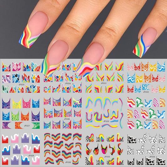 12 Sheets Colorful Stripes Nail Art Stickers Geometric Rainbow Wave Design Water Transfer Nail Decals for Nails Art Abstract French Pattern Acrylic Slider Nail Foils for Women Manicure Nail Decor-Velvo Beauty