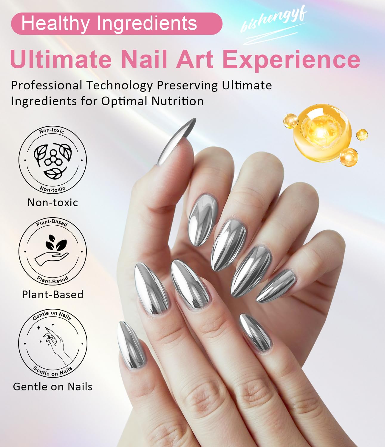 Gold Chrome Nail Powder 24K Mirror Effect BISHENGYF - Pink Gold Nail Chrome Powder Aurora Mermaid Mirror Effect Powder, White Pearl Iridescent Holographic Metallic Pigment Dust for Nail Art Decoration-Velvo Beauty