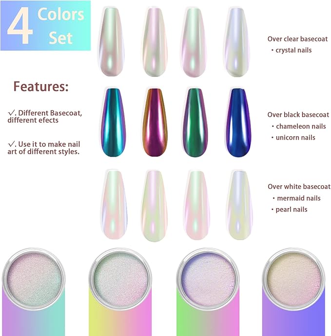 Allstarry White Chrome Nail Powder, 4 PCS Color-Shift Chameleon Chrome Effect Powder Neon Aurora Glitter Dust Iridescent Pearlescent Pearl Pigment for Nail Art Decoration, Gel Polish, Resin Craft-Velvo Beauty