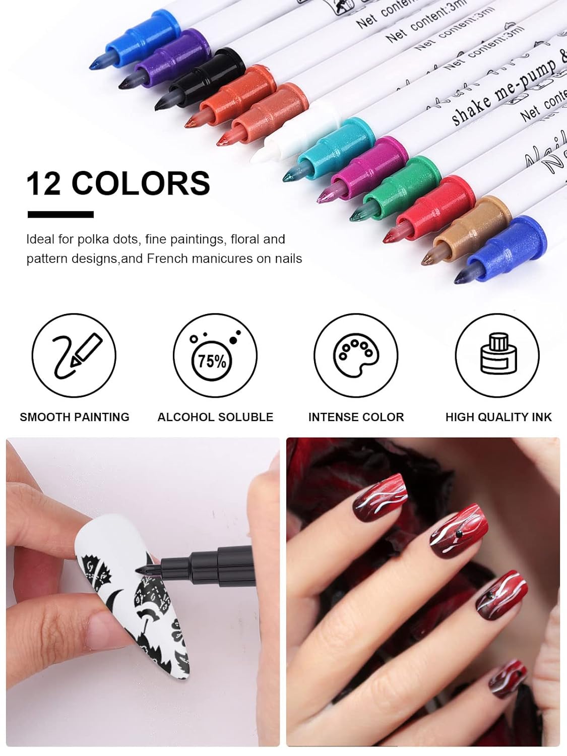 12 Color 3D Nail Art Pens Set, Kalolary Nail Point Graffiti Dotting Pen Drawing Painting Liner Brush for DIY Nail Art Beauty Adorn Manicure Tools-Velvo Beauty