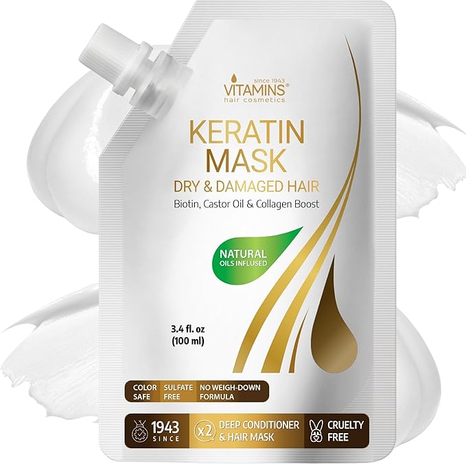 VITAMINS hair cosmetics Keratin Hair Mask - Deep Repair Conditioner with Biotin & Castor Oil - For Damaged, Dry, Curly, Straight, Thin & Fine Hair - Intense Collagen Protein Treatment-Velvo Beauty
