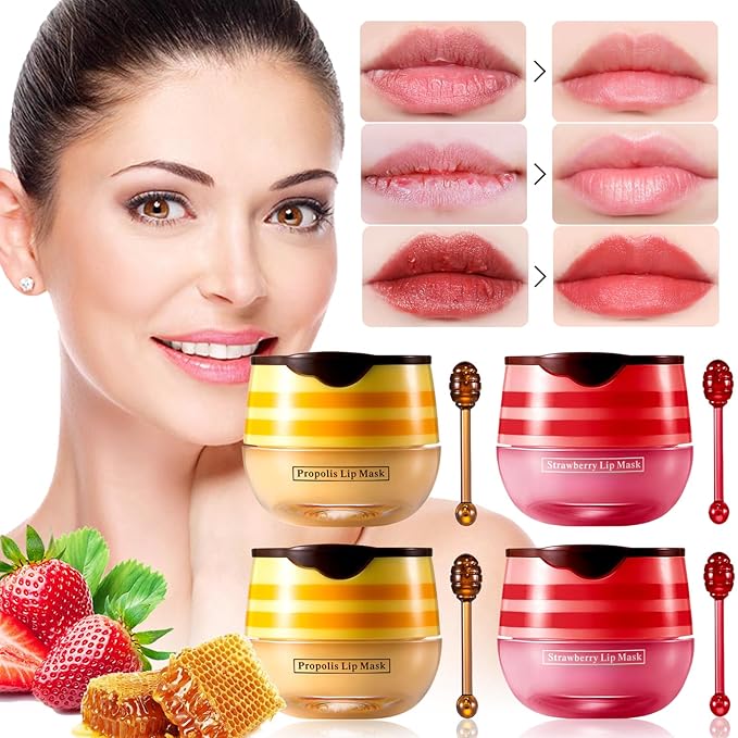 4 PCS Bee Honey Lip Balm Honey Pot, Strawberry & Bee Honey Lip Mask, Reduces Lip Lines, Hydrate & Moisturizing Lip Skin Care, Prevention Dry Cracked Lips, Bee Honey Lip Balm for Lip Repair Treatment-Velvo Beauty