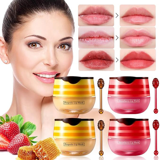 4 PCS Bee Honey Lip Balm Honey Pot, Strawberry & Bee Honey Lip Mask, Reduces Lip Lines, Hydrate & Moisturizing Lip Skin Care, Prevention Dry Cracked Lips, Bee Honey Lip Balm for Lip Repair Treatment-Velvo Beauty