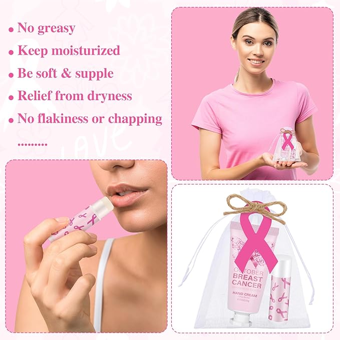 50 Set Breast Cancer Awareness Gifts Bulk Woman Pink Ribbon Lip Balm Hand Cream Include 50 Lip Balm 50 Hand Cream 50 Bag 50 Tag Breast Cancer Awareness Month Items Survivors Offices-Velvo Beauty