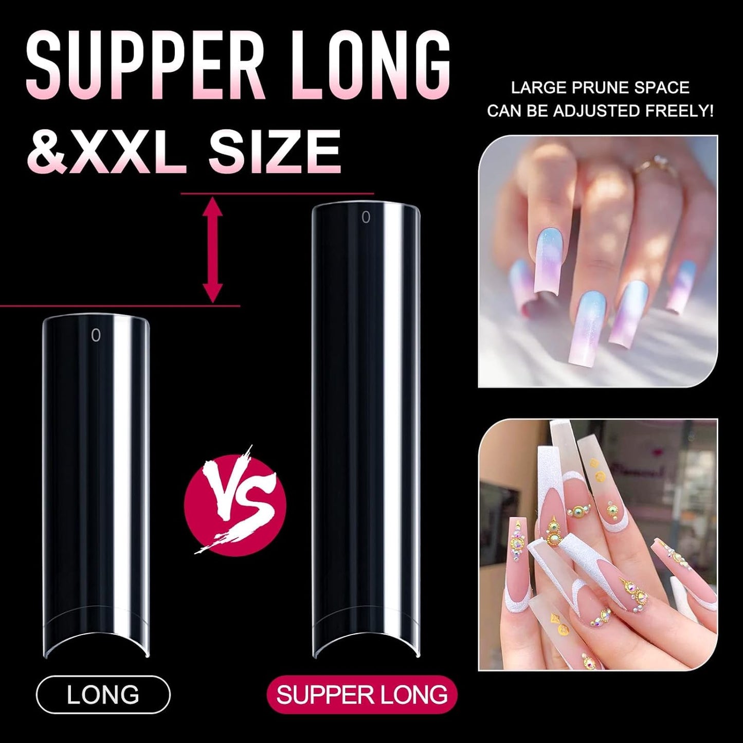 Ranrose 600PCS Clear Extra Long Nail Tips for Acrylic Nails Professional, No C Curve Gel Tips 12 Size XXXL Pre-shaped Half Cover Fake Nail for Press On Nail Extensions-Velvo Beauty