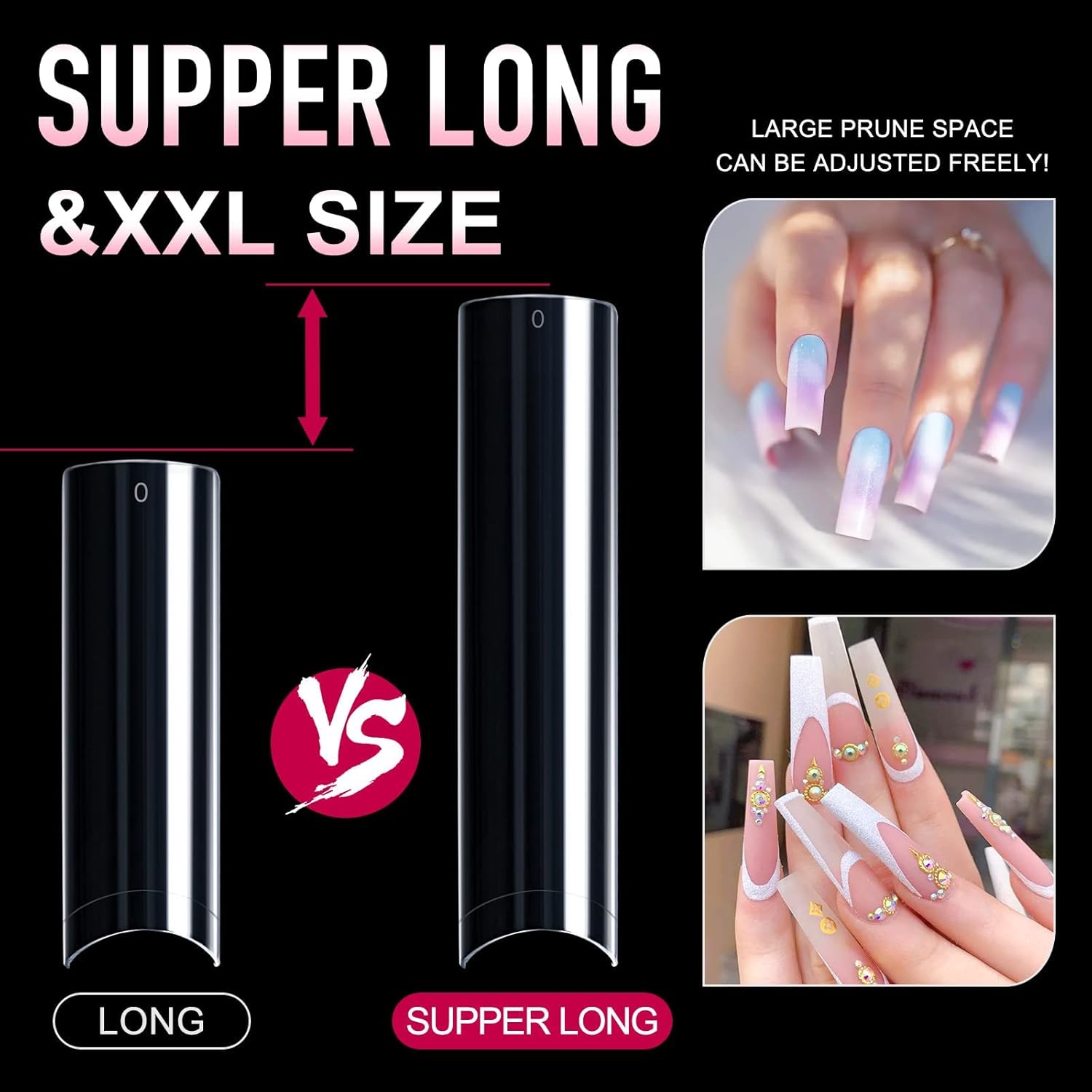 Ranrose 600PCS Clear Extra Long Nail Tips for Acrylic Nails Professional, No C Curve Gel Tips 12 Size XXXL Pre-shaped Half Cover Fake Nail for Press On Nail Extensions-Velvo Beauty