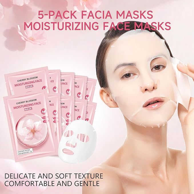 5 Pack Sheets Face Masks Skincare For All Skin Types, Cherry Facial Sheet Masks, Hydrating Facial Sheets Mask for Firming, Sheet Mask with Cherry Blossom Face Mask for Glowing Skin-Velvo Beauty