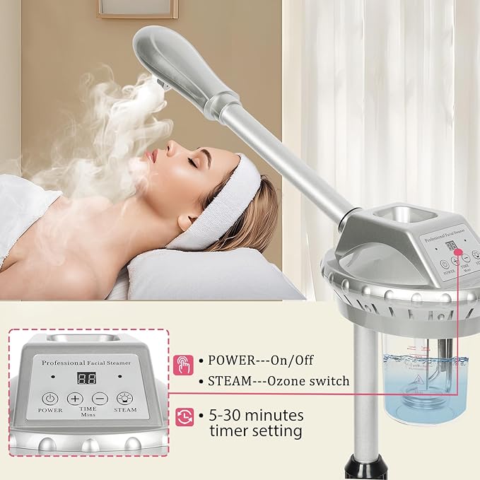 Facial Steamer Professional,Face Steamer for Estheticians with Hot Mist & Timer Function,Height Adjustable Vaporizador Facial Steamr on Wheels-Velvo Beauty
