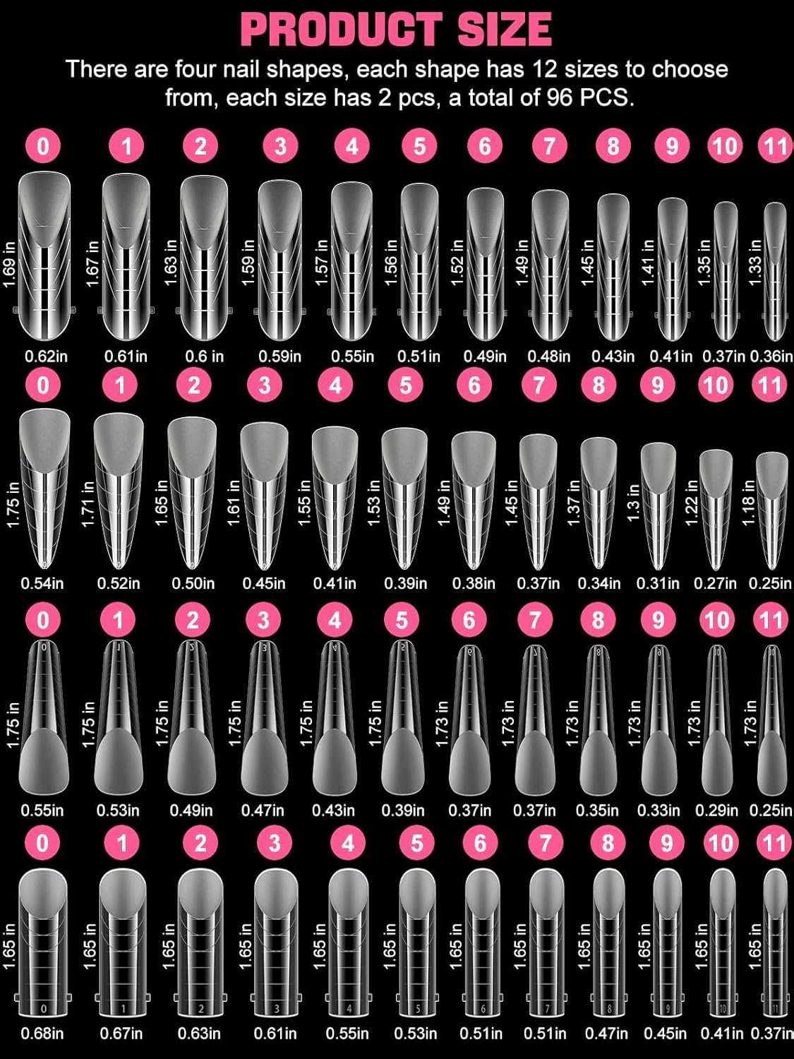 EBANKU 96PCS Clear Matte Dual Nail Forms Kit Full Cover Nail Mold Tips Acrylic Nail Extension Tools 4 Styles 12 Sizes Scale for Poly Gel Nail Art Salon Nails Design-Velvo Beauty