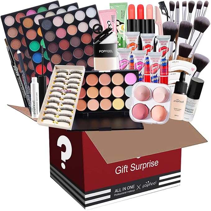 All in One Makeup Set Holiday Box, Essential Starter Bundle Include Eyeshadow Concealer Lipstick Lip Gloss Eyeliner Eyebrow Pencil Lip Balm Face Powder, Full Makeup Kit for Women Girls-Velvo Beauty