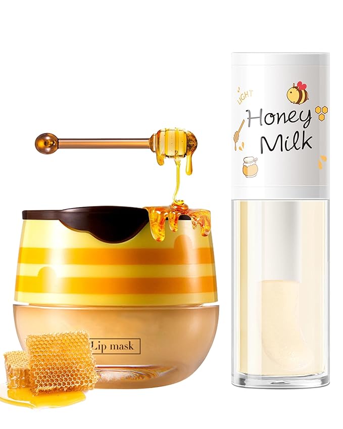 2Pcs Bee Lip Balm Honey Pot Lip Mask & Lip Glowy Oil Lip Care Set, Propolis Moisturize & Nourish Lip Gloss Repair Treatment, Reduce Lip Line & Protect & Plump Dry Cracked Lip Scrub Exfoliator -Set A-Velvo Beauty