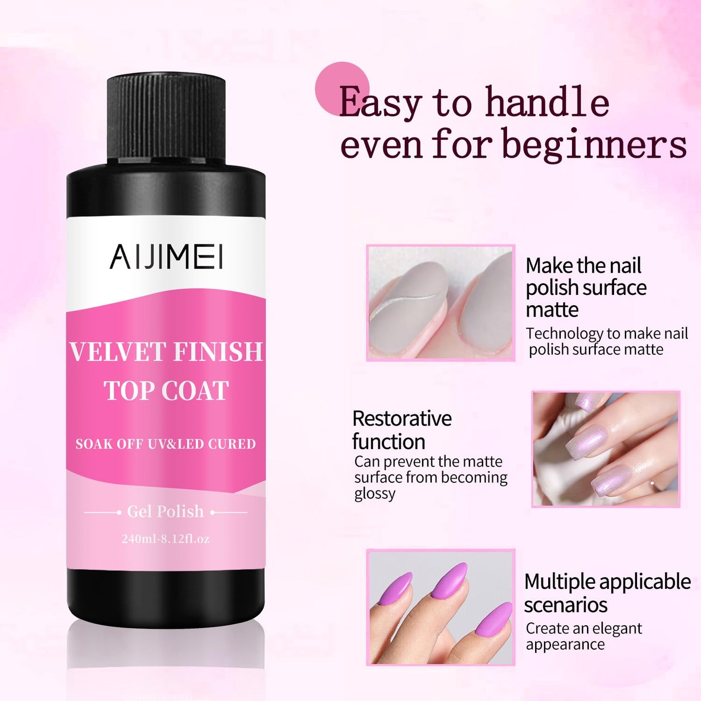 AIJIMEI Velvet Finish Top Coat 8 Fl.Oz Luxurious Matte Effect, Quick Dry, Easy Application, Suitable for All Nail Types, Professional Quality Gel Nail Polish for Home Use-Velvo Beauty
