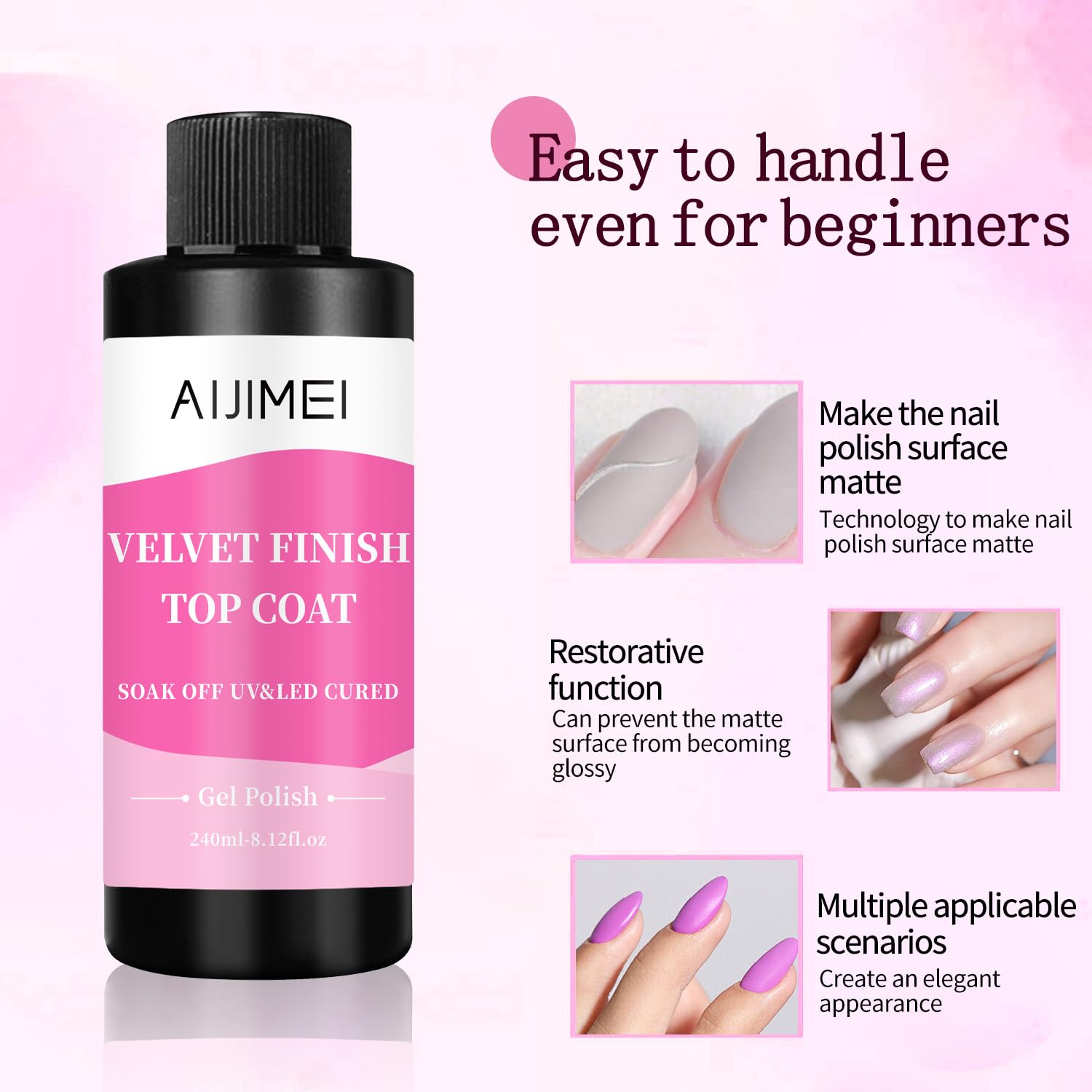 AIJIMEI Velvet Finish Top Coat 8 Fl.Oz Luxurious Matte Effect, Quick Dry, Easy Application, Suitable for All Nail Types, Professional Quality Gel Nail Polish for Home Use-Velvo Beauty