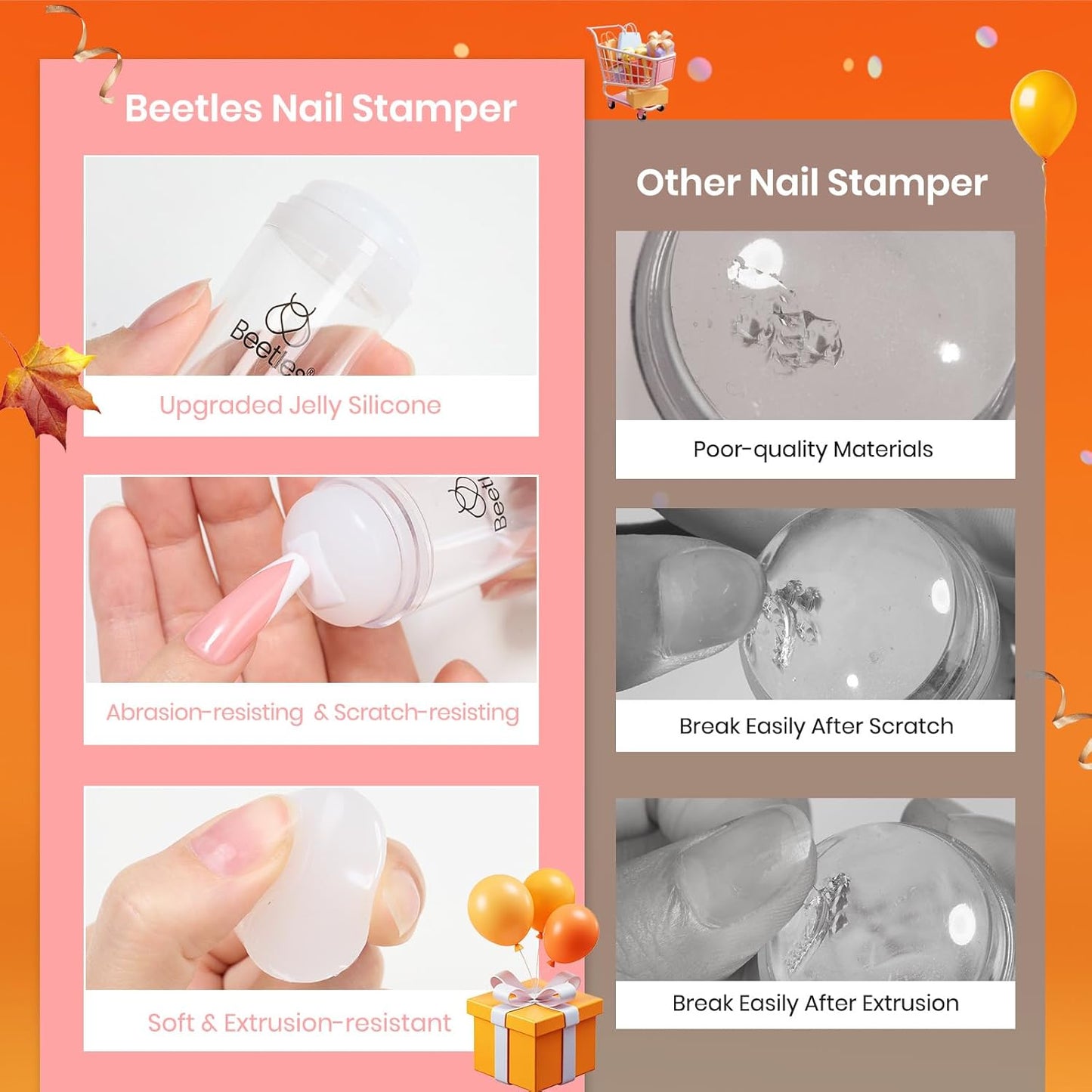 Beetles Nail Stamp, 4Pcs French Tip Tool Easy Manicure Nail Stamper Single Head Soft Silicone Long & Short French Tip Stamp Tool with 2Pcs Nail Scraper Decorations Gift for Women-Velvo Beauty