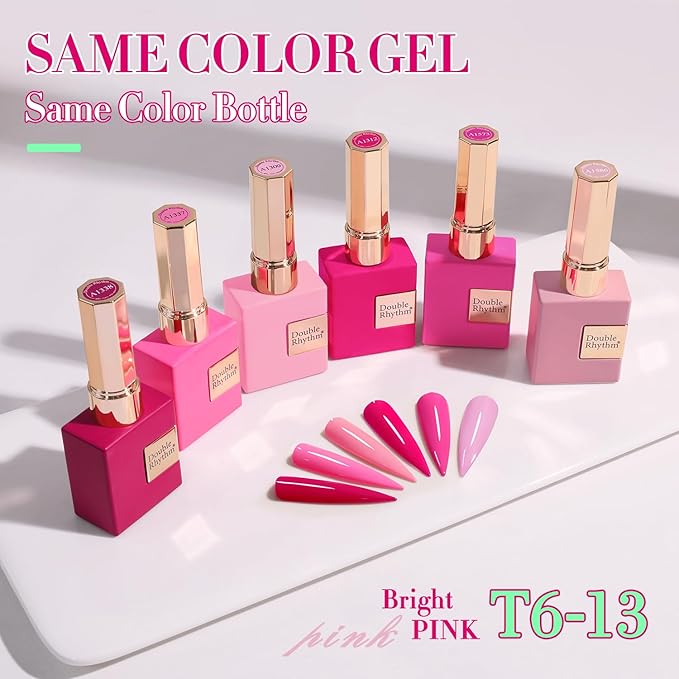 Double Rhythm 6 Pcs 15 ML Gel Polish Set Same Color Same Bottle Soak Off Gel Polish Kit Nail Art Manicure Salon DIY at Home for Women (Bright Neon Light Pink Purple-T6-13)-Velvo Beauty