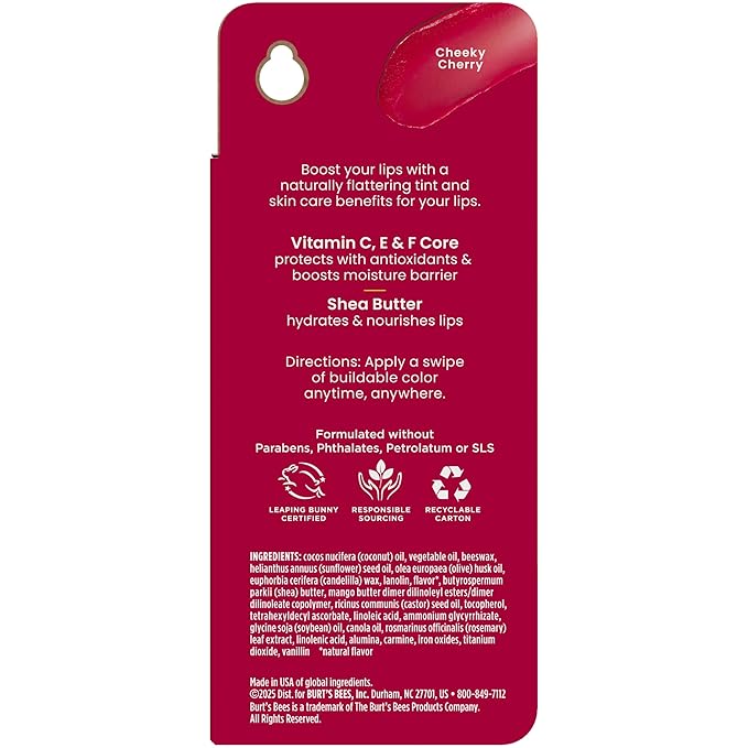 Burt’s Bees Back to School Gift Ideas, Tinted Boosted Balm, Cheeky Cherry, Hydrating Tinted Lip Balm with Vitamin C, E, and F Core, 24 Hour Lip Moisturizer, 100% Natural Origin, 1 Count, 0.16oz-Velvo Beauty