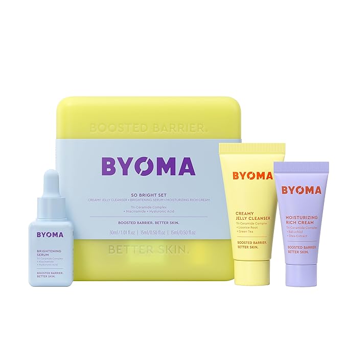 BYOMA So Bright Set - Barrier Repair Skincare Set for Brighter Skin - Creamy Jelly Cleanser, Brightening Face Serum & Ceramide Face Moisturizer - Alcohol Free Skin Care - 30ml, 15ml, 15ml-Velvo Beauty