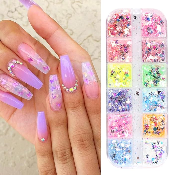12 Grids Flaky Nail Art Glitter Sequins 3D Heart-Shaped Butterfly Ultra Thin Nail Art Sparkly Flake Designs Moon Stars Decorations Nail Glitter Sequins Suitable for Female Girl Nail Art Techniques-Velvo Beauty