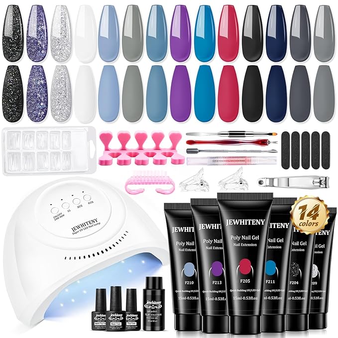 JEWHITENY Poly Nail Gel Kit 14 Colors Purple Nude Grey Black Blue Glitter Tones Starter Kit with UV Lamp Matte & Glossy Top & Base Coat All-in-One Designs DIY At Home-Velvo Beauty