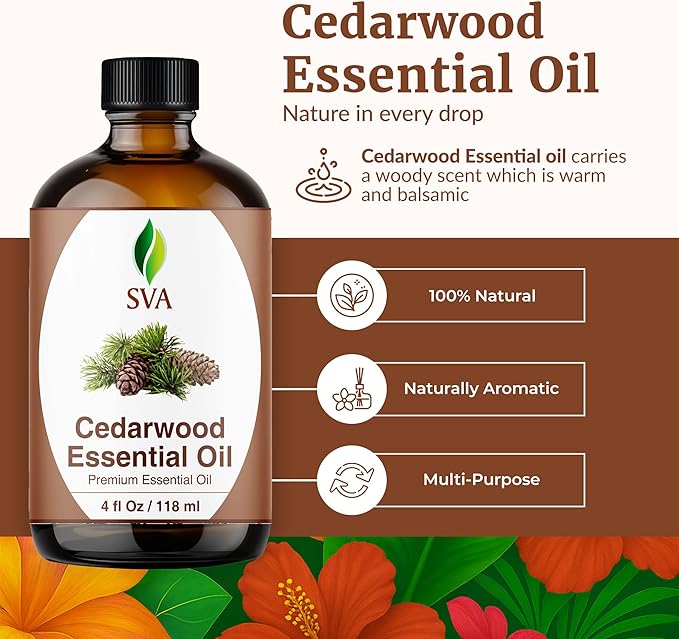 SVA Cedarwood Essential Oil – 4 Fl Oz – 100% Natural Cedar Cupressus Funebris Oil - for Diffuser, Hair Care, Face, Skin Care, Aromatherapy, Scalp and Body Massage, Soap and Candles - with Dropper-Velvo Beauty